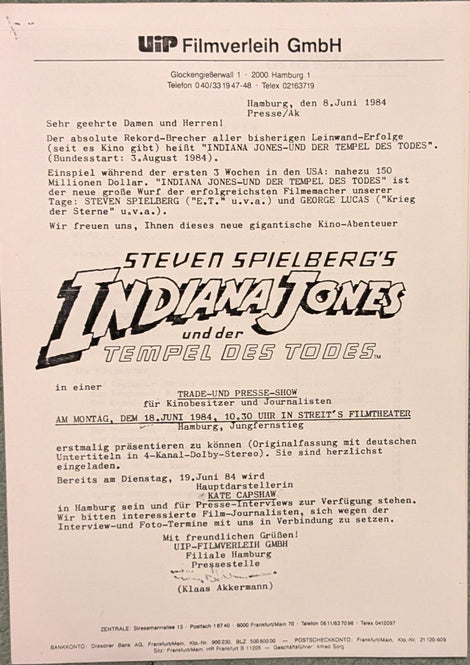 Indiana Jones und der Tempel des Todes Presseheft