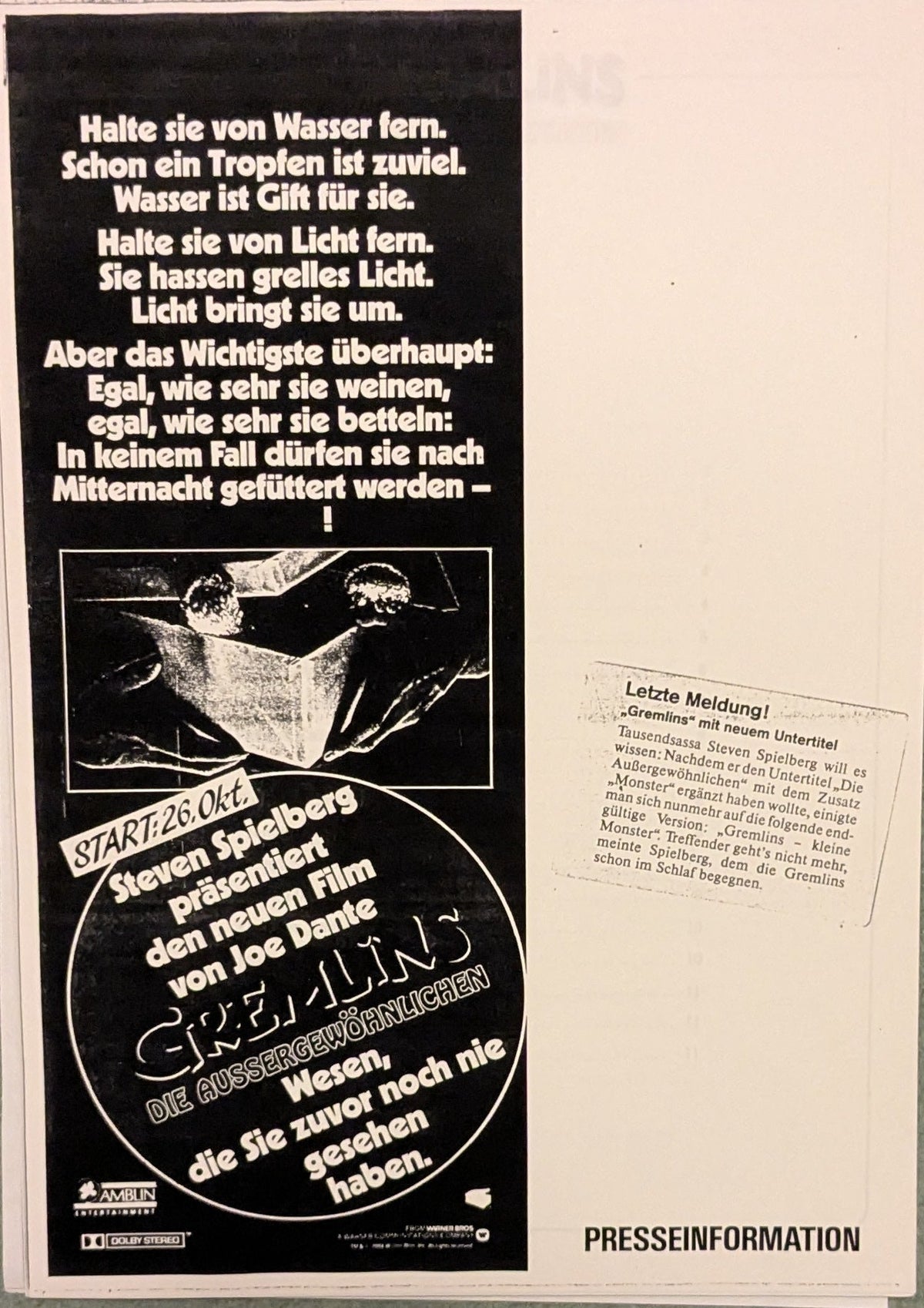Gremlins - Die Aussergewöhnlichen Presseheft