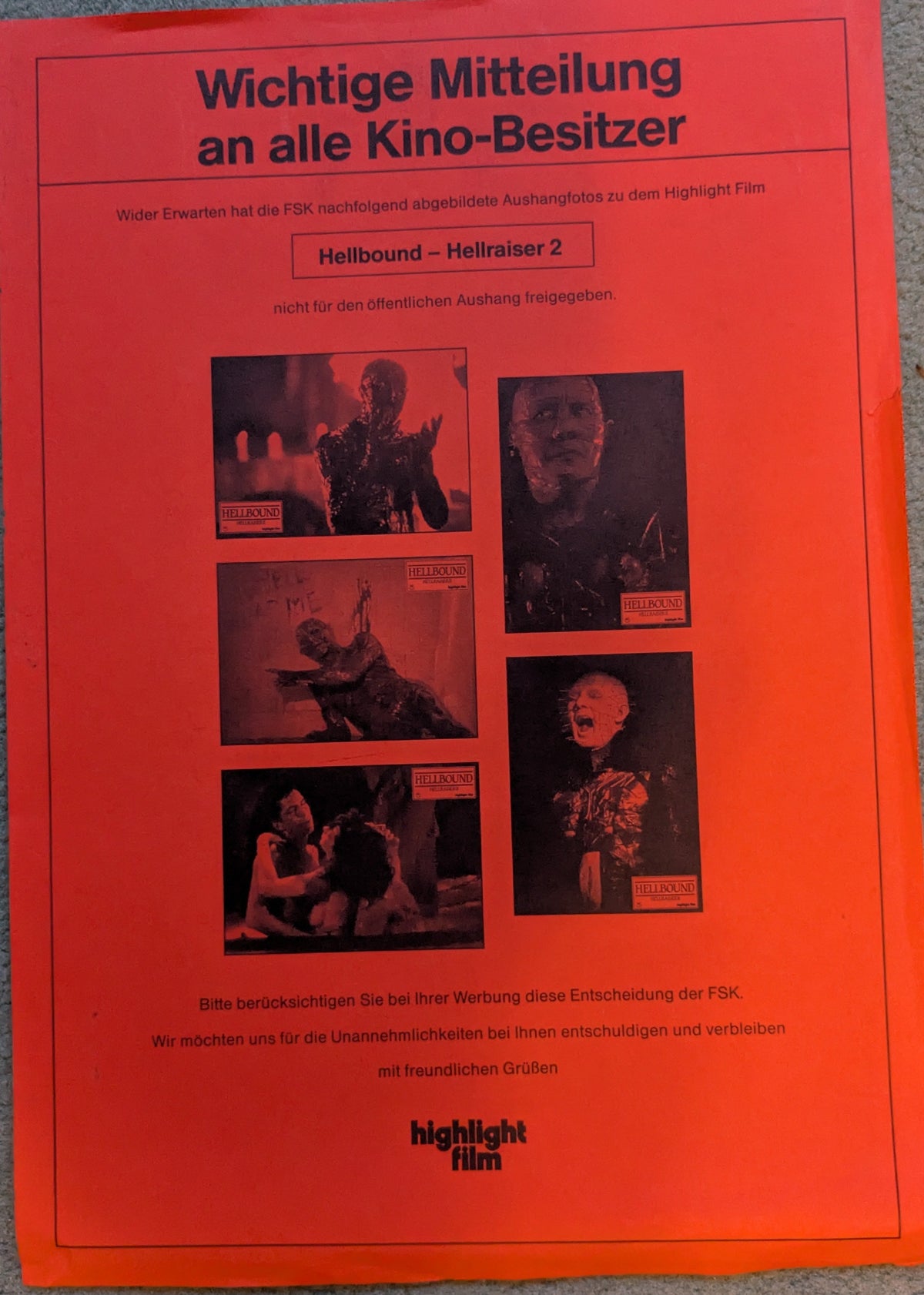 Hellraiser 2 -  Flyer über Foto-Indizierung
