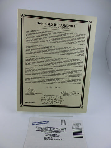 Han Solo in Carbonite Certificate Illusive Originals 1999
