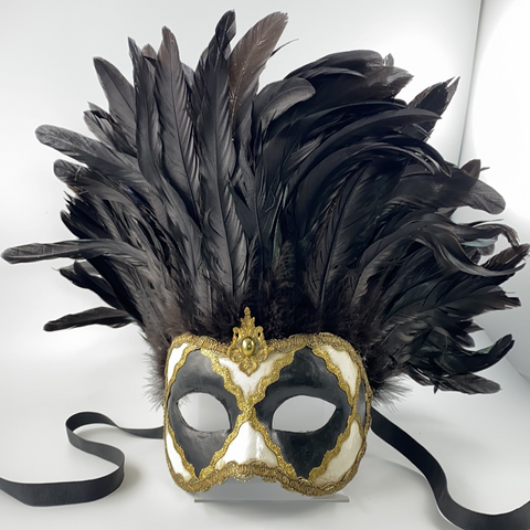 Venezianische Maske Incas Colombina Bianco Nero Piume Nere